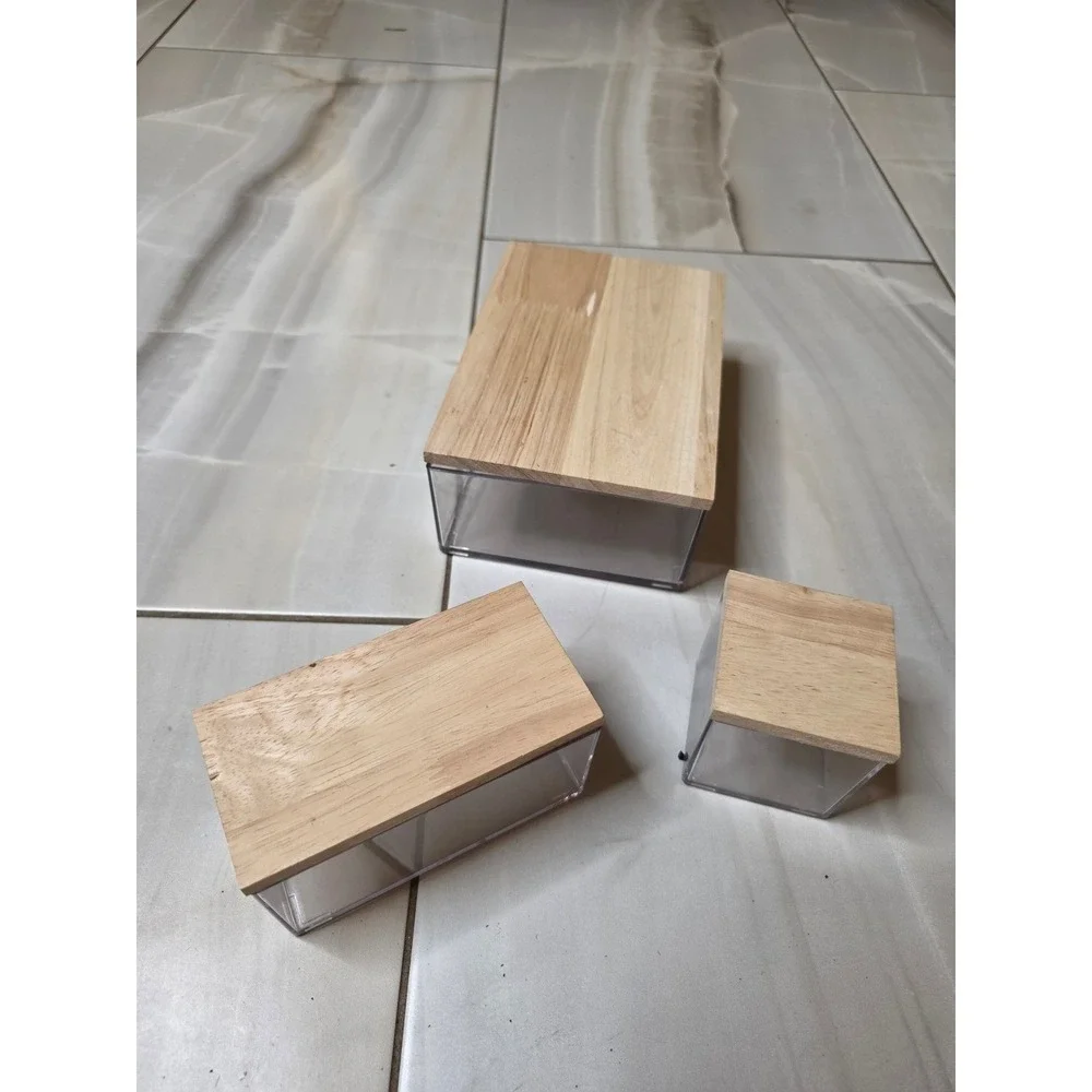 3‎ Piece Clear Acrylic Storage Bin Set with Wood Lids Nesting Organizers